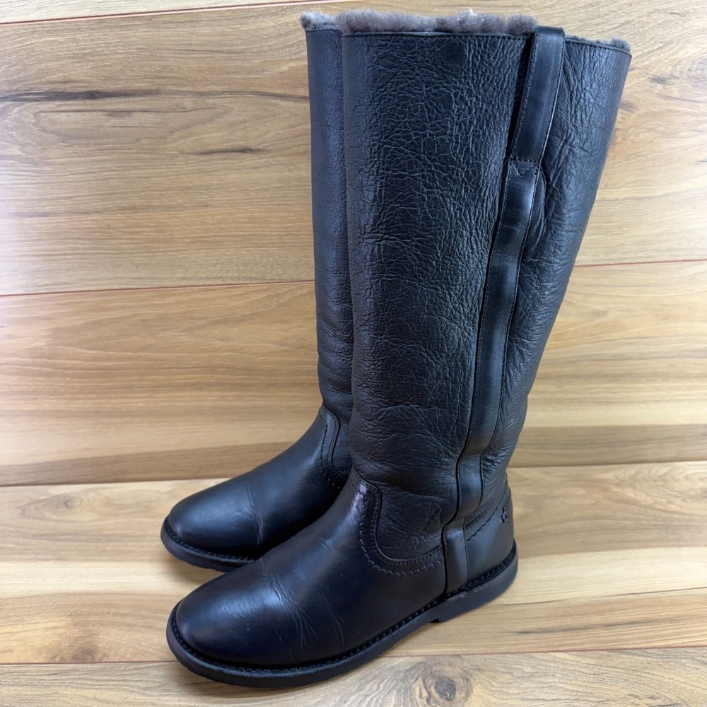 FRYE Veronica Tall Shearling Fur Lined Boots 7 Black Leather Pull On Riding Lug
